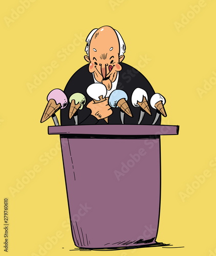 Caricature of politician at press conference with ice cream instead of microphone