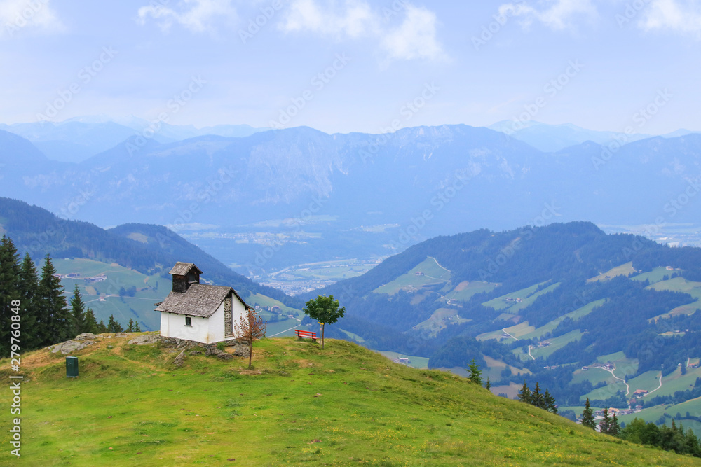 Holiday destination Wildschönau - Niederau, on the mountain Markbachjoch with chapel in summer, Tyrol - Austria