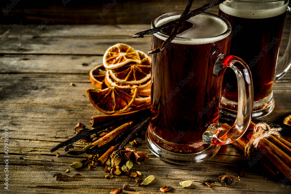 Hot Mulled Beer with spices - obrazy, fototapety, plakaty 