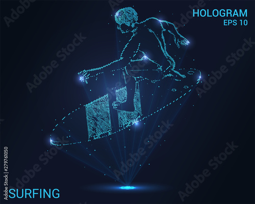 Fototapeta Naklejka Na Ścianę i Meble -  Hologram surfing. Surfer on the Board top view. Holographic projection surfing.