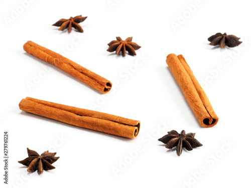 Cinnamon (Cinnamomum verum) and anise (Pimpinella anisum) spice on white background