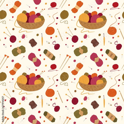 Knitting tools, accessories flat vector seamless pattern. Basket with yarn balls, skeins hand drawn illustration. Handcraft needles, crochets, pincushions. Wallpaper, wrapping paper design