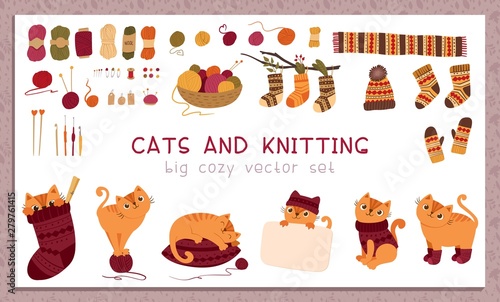 Knitting and pets flat vector stickers set. Adorable cats wearing woolen handmade knitwear cartoon characters. Cute playful kittens with yarn balls hand drawn illustrations for scrapbook collection