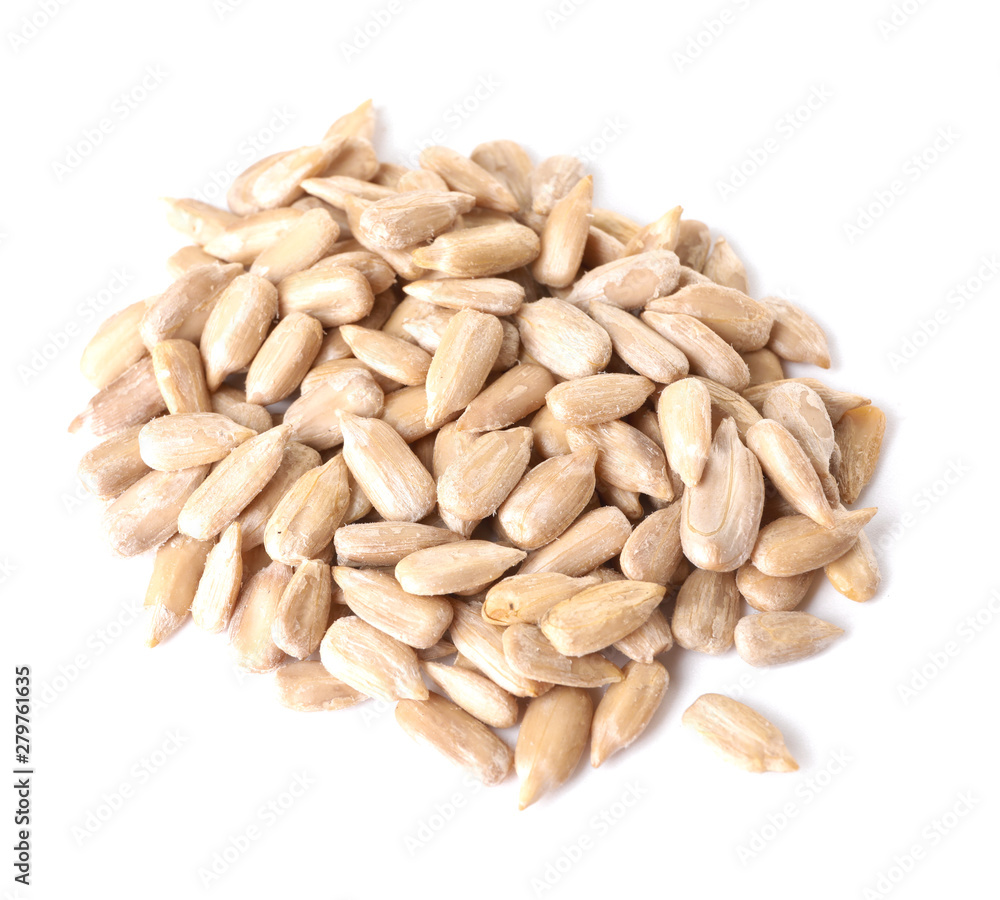 Peeled sunflower seeds on white background Peeled sunflower seeds on white background