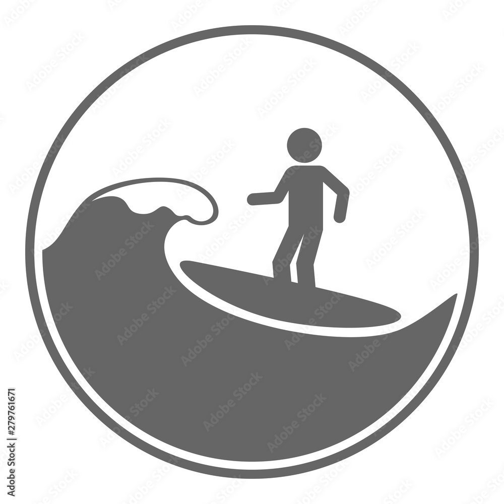 Surfer on surfboard. Surfing icon. Vector.