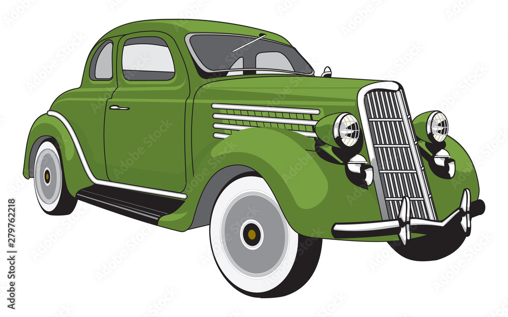 Vintage green car on white background.