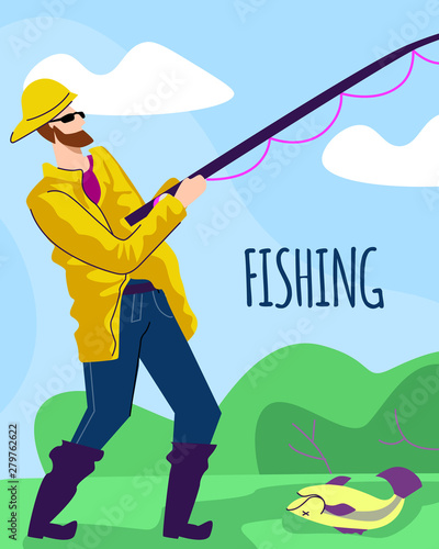 Fisherman in Yellow Cloak with Rod on Lake Coast