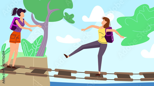 Women Walking along Suspension Bridge in Forest