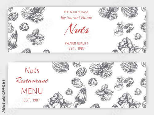 Vector background sketch walnuts, peanut, cashew, hazelnut, almonds, pistachio nut.