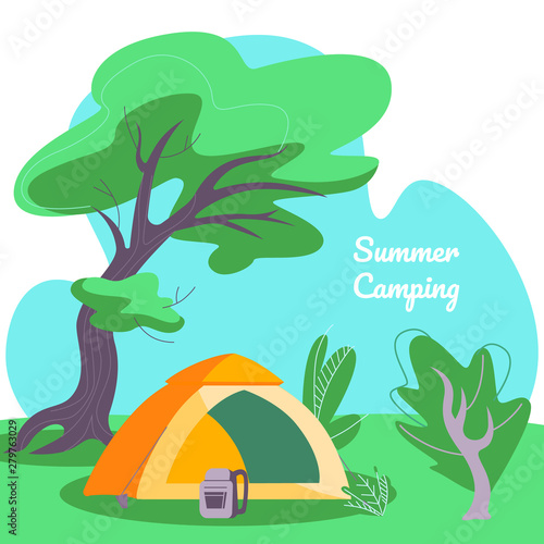 Summer Camping Square Banner, Tent and Backpack