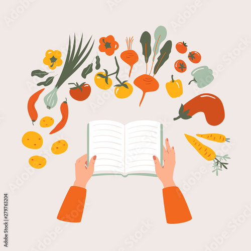 Top view of cartoon cookbook in hand on the table surrounded by various vegetables. Recipe vegetarian book  vector concept isolated from light background