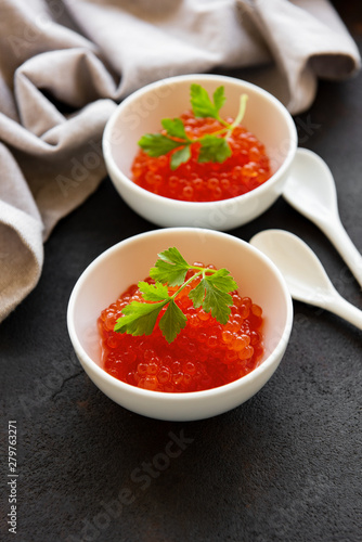 Red caviar in bowls