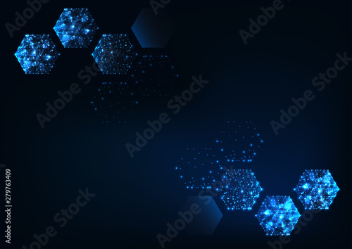 Futuristic scientific hexagonal dark blue background with space for text.