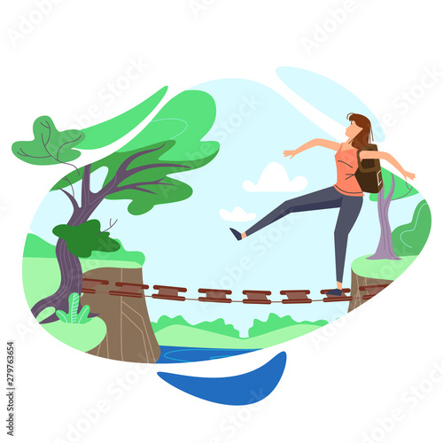 Woman Walking at Staggering Suspension Bridge