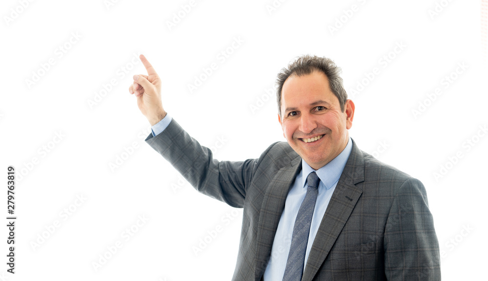 Portrait of a middle aged confident businessman pointing at copy space. Isolated on white. Portrait of a middle aged confident businessman pointing at copy space. Isolated on white.