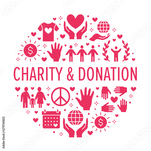 Charity vector circle banner with flat silhouette icons. Donation, nonprofit organization, NGO, giving help illustration. Glyph signs for donating money, volunteer community poster