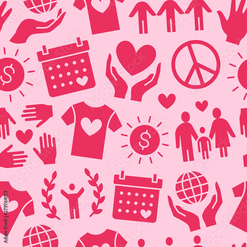 Charity vector seamless pattern with flat silhouette icons. Donation, nonprofit organization, NGO illustrations. Pink red color background, wallpaper for donating, volunteer community poster