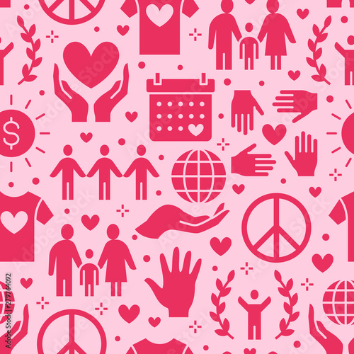 Charity vector seamless pattern with flat silhouette icons. Donation, nonprofit organization, NGO illustrations. Pink red color background, wallpaper for donating, volunteer community poster