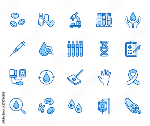 Hematology flat line icons set. Blood cell, vessel, sphygmomanometer, dna test, biochemical microscope vector illustrations. Outline signs for donor day. Pixel perfect 64x64. Editable Strokes