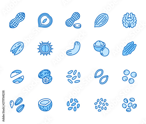 Nuts flat line icons set. Peanut, almond, chestnut, macadamia, cashew, pistachio, pine seeds vector illustrations. Outline signs for healthy food store. Pixel perfect 64x64. Editable Strokes