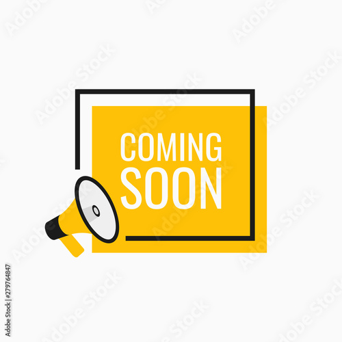 Geometric banner. Megaphone with coming soon bubble. Loudspeaker. Modern flat style vector illustration