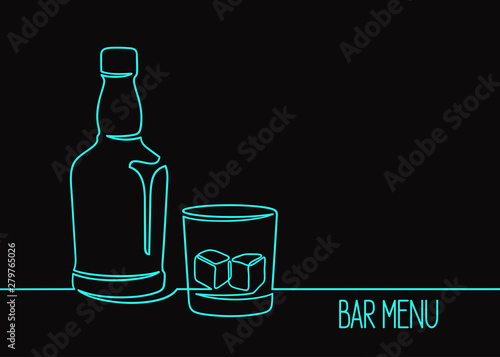 Whiskey bottle and glass with ice cubes. One continuous line drawing