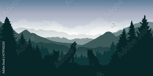 wolf pack in the green forest with mountain landscape vector illustration EPS10