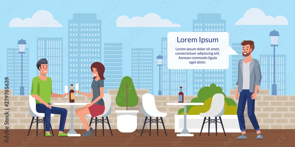 City Restaurant, Street Cafe Flat Vector Poster