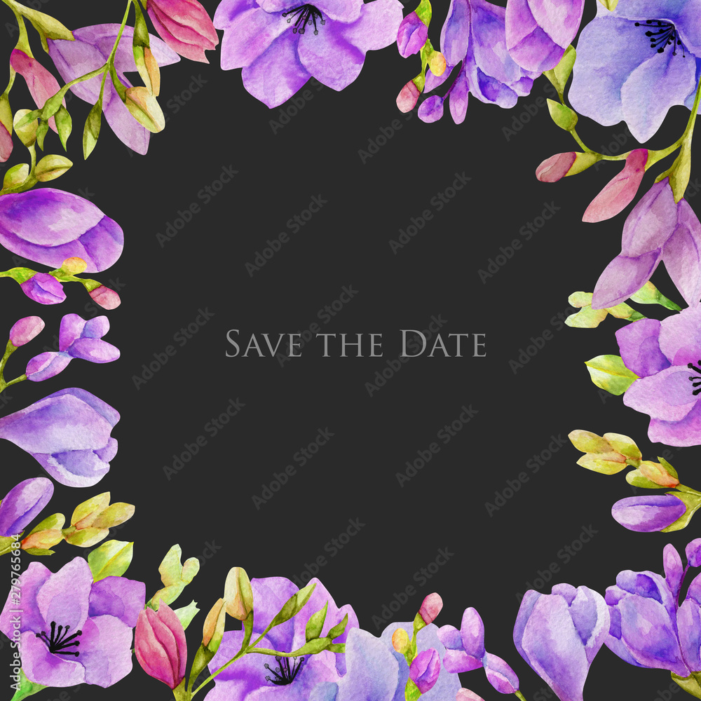 Watercolor purple freesia flowers card template, hand drawn on a dark background, Save the date card design