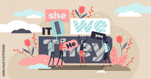 Pronouns vector illustration. Flat tiny substitutes words persons concept.
