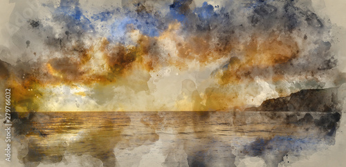 Digital watercolour painting of Beautiful seascape at sunset with dramatic clouds landscape image