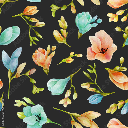 Watercolor blue and peach freesia flowers seamless pattern, hand drawn on a dark background