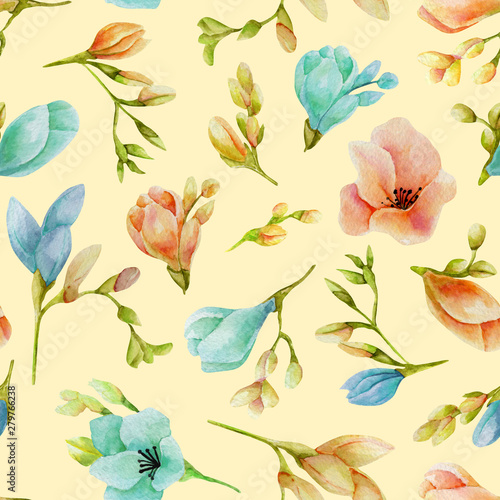 Watercolor blue and peach freesia flowers seamless pattern, hand drawn on a beige background