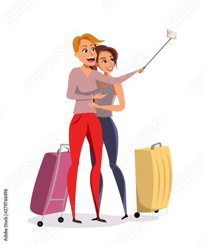 Tourists taking selfie flat vector illustration