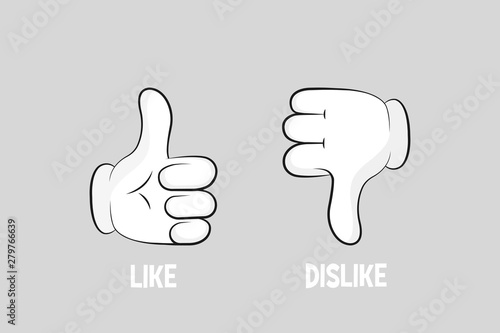 Cartoon gloved arms. Thumbs up and thumbs down. Like or dislike. Vector illustration line icon