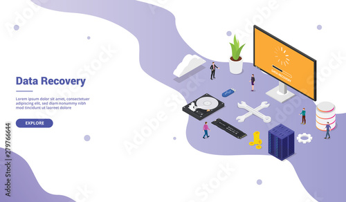 data recovery from bad sector server database with some hardware for website template landing homepage with team people and modern flat style isometric - vector