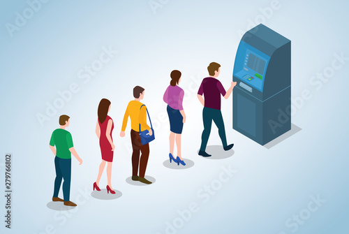 atm queue concept with people men and woman queueing witdraw cash money with modern flat style and isometric 3d - vector