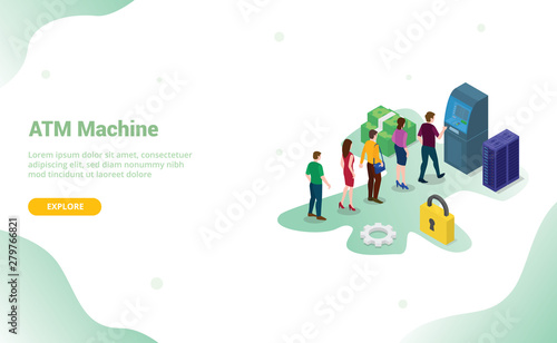 atm queue concept with people men and woman queueing witdraw cash money for website template or landing homepage with modern flat style and isometric 3d - vector