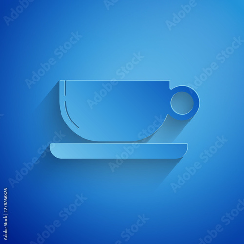 Paper cut Coffee cup flat icon isolated on blue background. Tea cup. Hot drink coffee. Paper art style. Vector Illustration