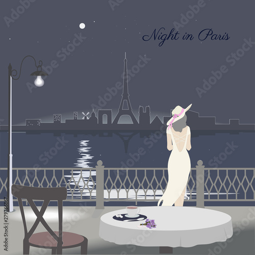 View of Paris cityscape from cafe window. Night scene. Vector illustration.