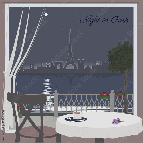 View of Paris cityscape from cafe window. Night scene. Vector illustration.