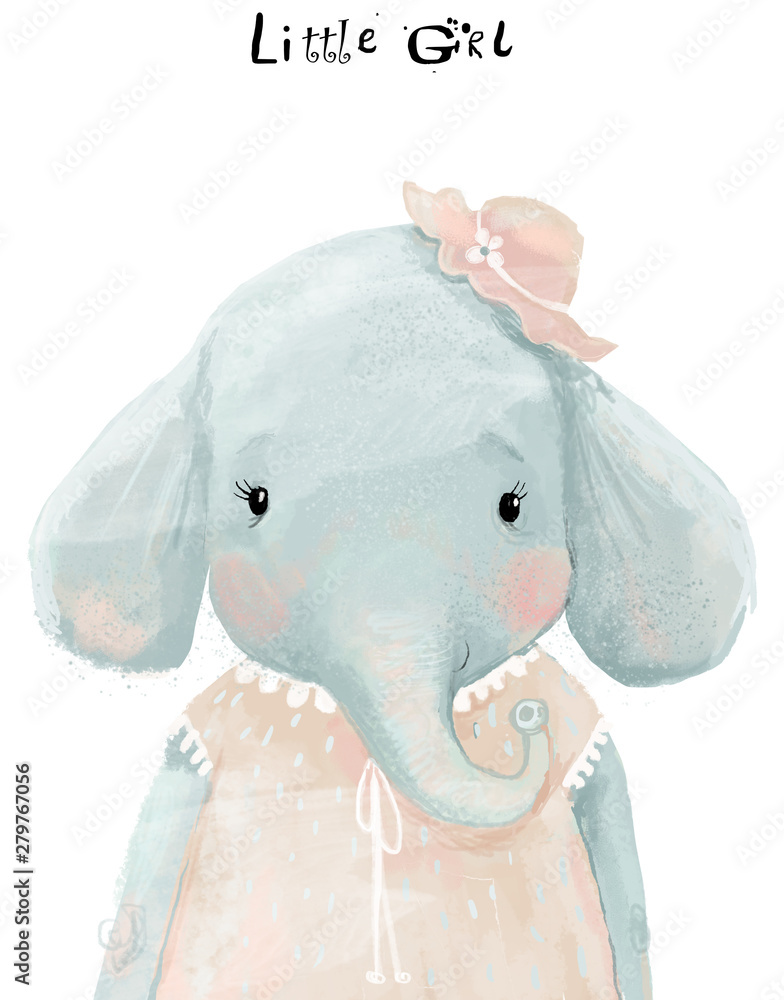 little watercolor girl elephant with pink dress