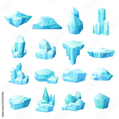 Realistic set of crystals of ice, iceberg broken pieces of ice