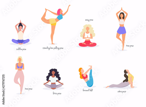 Woman in various poses of yoga. Shapes of woman doing yoga fitness workout. Set of yoga positions.