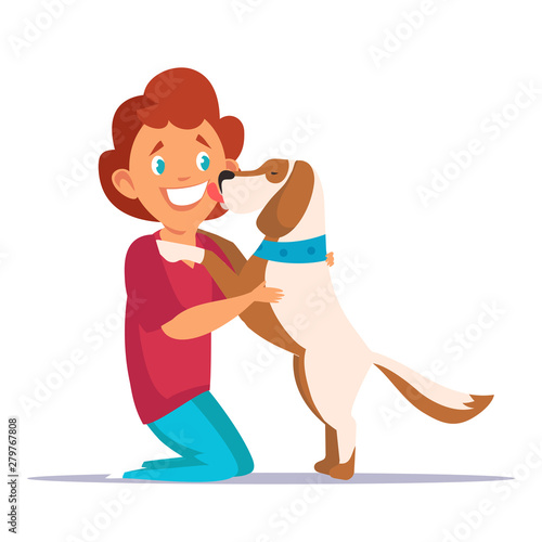 Child playing with dog flat vector illustration