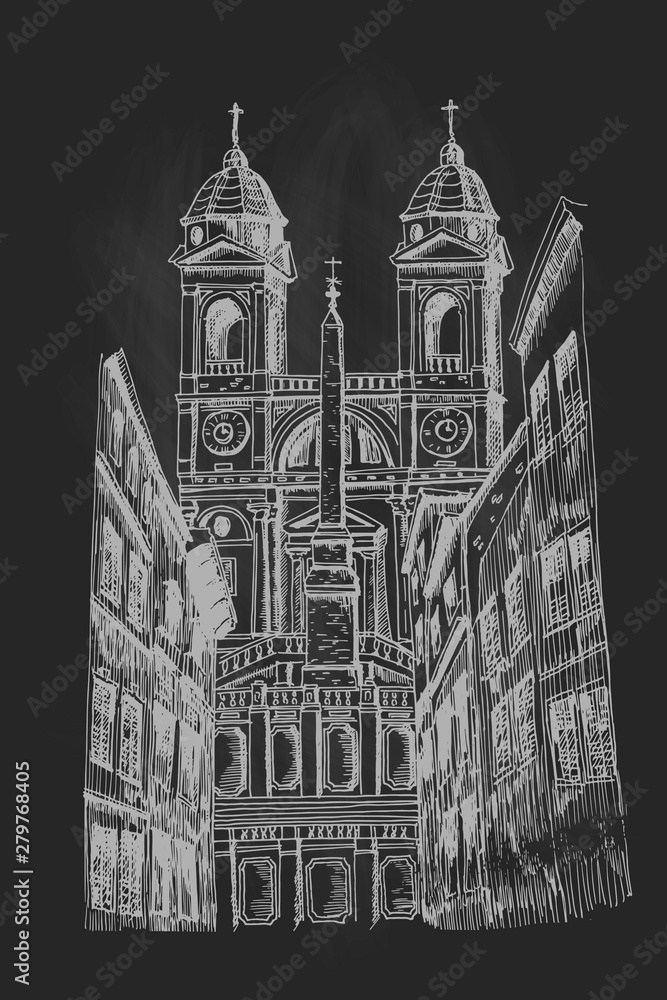 vector sketch of the church of Santissima Trinita dei Monti, Rome, Italy.The Spanish Steps in Rome.