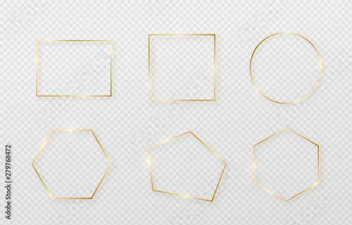 Golden border frame set with light shadow and light affects. Gold decoration in minimal style. Graphic metal foil element in geometric thin line rectangle shape