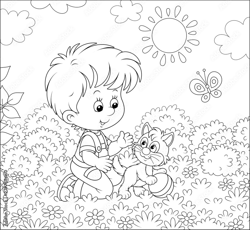 Fototapeta Uśmiechnięty mały chłopiec bawi się małym wesołym kotkiem wśród kwiatów na trawie trawnika w słoneczny letni dzień, czarno-biała ilustracja wektorowa w stylu kreskówki do kolorowania