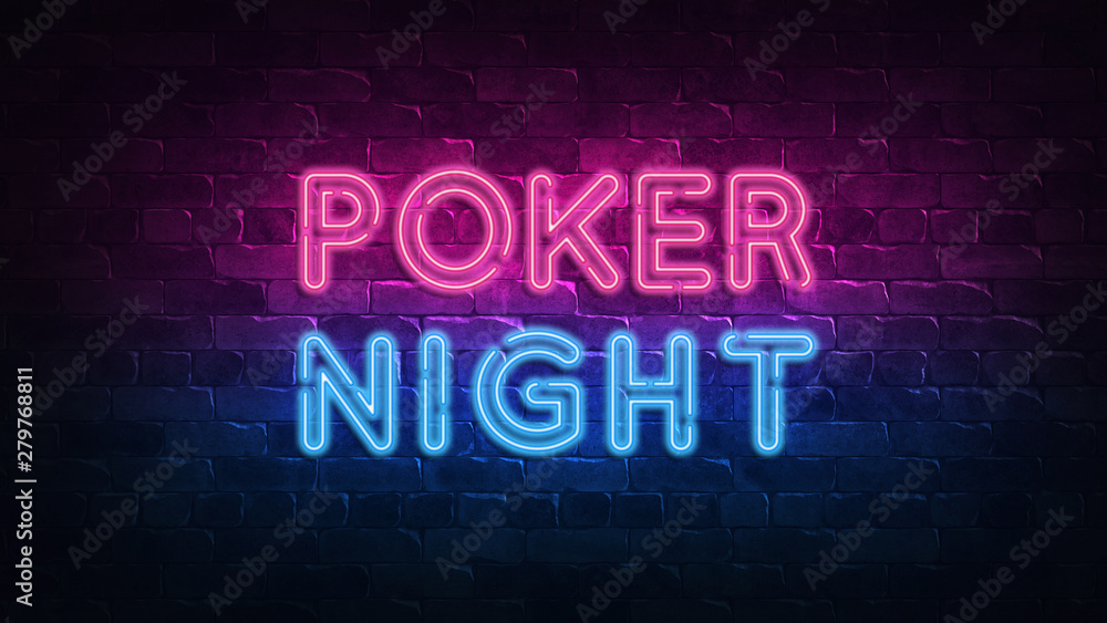 Poker night neon signboard in retro style. Vegas gambling concept. Night party. neon text. Brick wall lit by neon lamps. Night lighting on the wall. 3d illustration. Trendy Design Poker night neon signboard in retro style. Vegas gambling concept. Night party. neon text. Brick wall lit by neon lamps. Night lighting on the wall. 3d illustration. Trendy Design