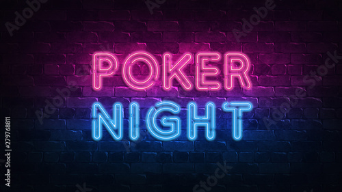 Poker night neon signboard in retro style. Vegas gambling concept. Night party. neon text. Brick wall lit by neon lamps. Night lighting on the wall. 3d illustration. Trendy Design